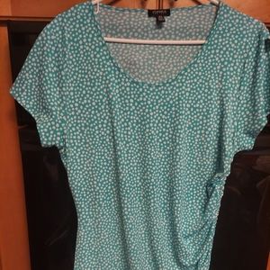 Jones new York aqua white polka dot top blouse side scrunch ties medium